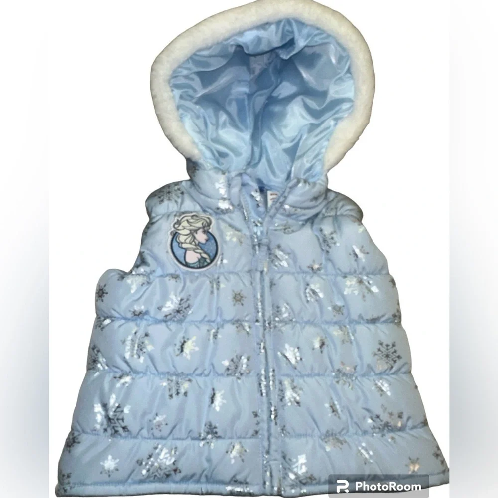 Disney Kids Light Blue Frozen Puffer Hooded Winter Vest Size 2